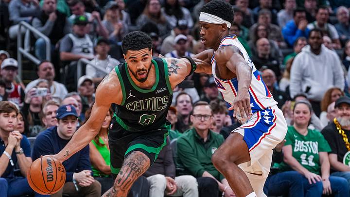 Apr 28, 2026; Boston, Massachusetts, USA; Boston Celtics forward Jayson Tatum (0) drives the ball against Philadelphia 76ers guard Vj Edgecombe (77) in the second half during game five of the first round of the 2026 NBA Playoffs at TD Garden. Mandatory Credit: David Butler II-Imagn Images Apr 28, 2026; Boston, Massachusetts, USA; Boston Celtics forward Jayson Tatum (0) drives the ball against Philadelphia 76ers guard Vj Edgecombe (77) in the second half during game five of the first round of the 2026 NBA Playoffs at TD Garden. Mandatory Credit: David Butler II-Imagn Images