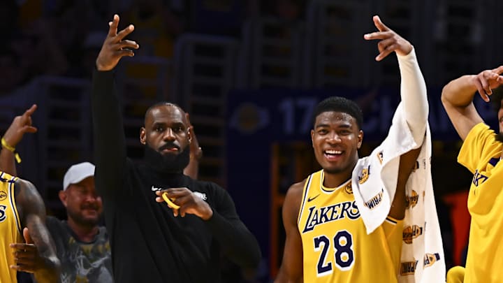 Apr 11, 2025; Los Angeles, California, USA; Los Angeles Lakers forward Jarred Vanderbilt (2), forward LeBron James (23), forward Rui Hachimura (28), center Jaxson Hayes (11), and Los Angeles Lakers guard Gabe Vincent (7) celebrate after scoring against the Houston Rockets during the second half at Crypto.com Arena. Mandatory Credit: Jonathan Hui-Imagn Images Apr 11, 2025; Los Angeles, California, USA; Los Angeles Lakers forward Jarred Vanderbilt (2), forward LeBron James (23), forward Rui Hachimura (28), center Jaxson Hayes (11), and Los Angeles Lakers guard Gabe Vincent (7) celebrate after scoring against the Houston Rockets during the second half at Crypto.com Arena. Mandatory Credit: Jonathan Hui-Imagn Images