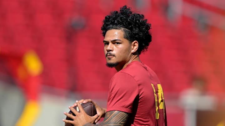 Sep 6, 2025; Los Angeles, California, USA;  USC Trojans quarterback Jayden Maiava (14) warms up prior to the game against the Georgia Southern Eagles at United Airlines Field at Los Angeles Memorial Coliseum. 