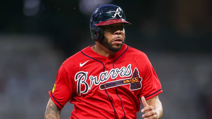 Jul 17, 2026; Atlanta, Georgia, USA; Atlanta Braves designated hitter Dominic Smith (8) runs to third against the Texas Rangers in the fifth inning at Truist Park. Mandatory Credit: Brett Davis-Imagn Images