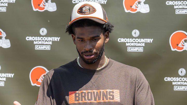 May 10, 2025; Berea, OH, USA; Cleveland Browns quarterback Shedeur Sanders (12) talks to the media during rookie minicamp at CrossCountry Mortgage Campus. Mandatory Credit: Ken Blaze-Imagn Images