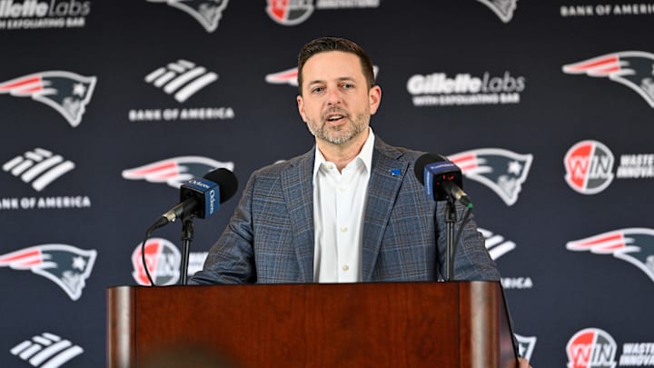 Mar 13, 2025; Foxborough, MA, USA; New England Patriots executive vice president of player personnel Eliot Wolf  discusses the teamís recent free agent additions with the media at Gillette Stadium. Mandatory Credit: Eric Canha-Imagn Images