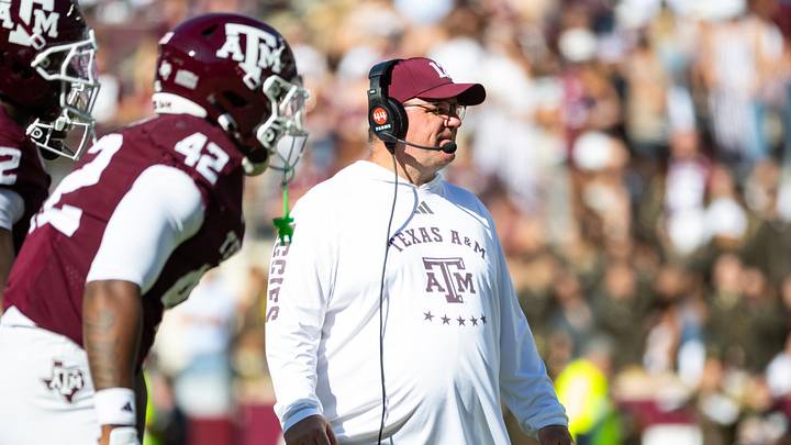 Texas A&M Aggies head coach Mike Elko on the field in the second half of a game against the Samford Bulldogs at Kyle Field.