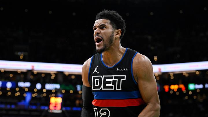 Dec 12, 2024; Boston, Massachusetts, USA; Detroit Pistons forward Tobias Harris (12) reacts to game action against the Boston Celtics during the first half at TD Garden. Mandatory Credit: Eric Canha-Imagn Images