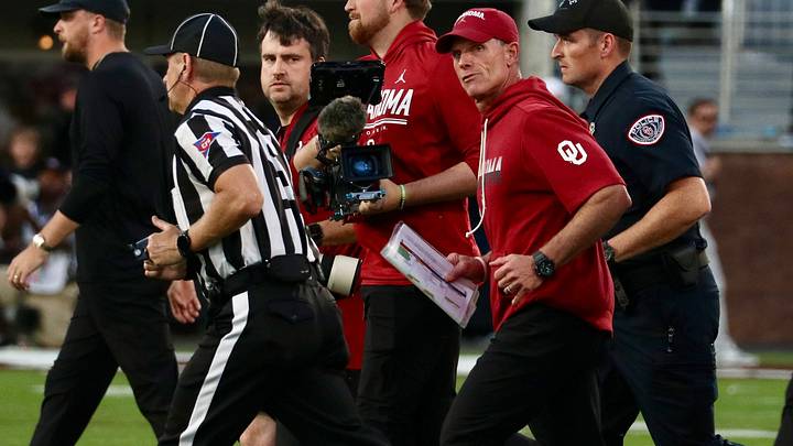 Oklahoma coach Brent Venables walks to midfield after beating Mississippi State.