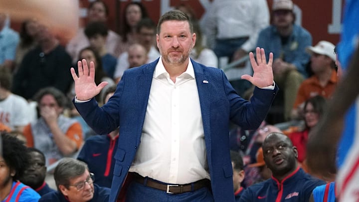 Ole Miss Rebels head coach Chris Beard reacts to a foul during the first half against the Texas Longhorns at Moody Center. 