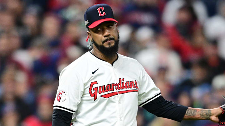 Oct 18, 2024; Cleveland, Ohio, USA; Cleveland Guardians pitcher Emmanuel Clase (48) reacts in the ninth inning against the New York Yankees during game four of the ALCS for the 2024 MLB playoffs at Progressive Field. Mandatory Credit: David Dermer-Imagn Images Oct 18, 2024; Cleveland, Ohio, USA; Cleveland Guardians pitcher Emmanuel Clase (48) reacts in the ninth inning against the New York Yankees during game four of the ALCS for the 2024 MLB playoffs at Progressive Field. Mandatory Credit: David Dermer-Imagn Images
