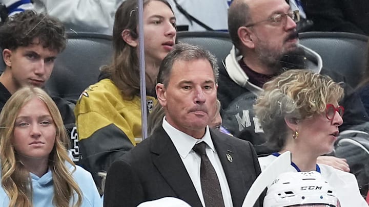 Jan 23, 2026; Toronto, Ontario, CAN; Vegas Golden Knights head coach Bruce Cassidy looks on during the game against theToronto Maple Leafs during the third period at Scotiabank Arena. Mandatory Credit: Nick Turchiaro-Imagn Images