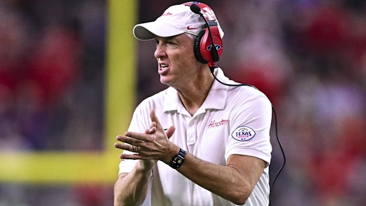 Houston Cougars head coach Willie Fritz reacts during the first half against the Louisiana State Tigers at NRG Stadium. Houston Cougars head coach Willie Fritz reacts during the first half against the Louisiana State Tigers at NRG Stadium.
