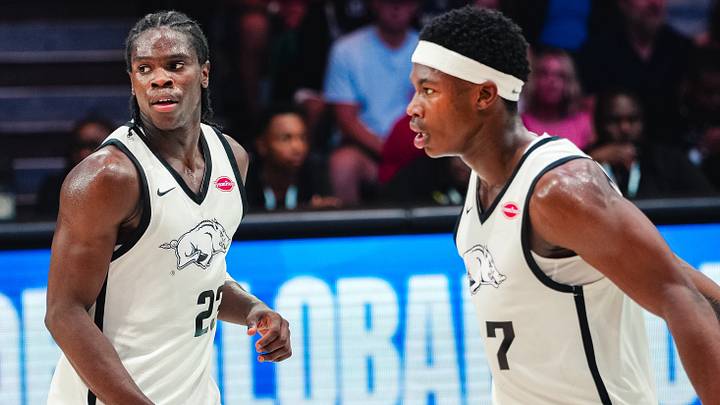 Arkansas Razorbacks guards Jordan Smith, Jr. and JJ Andrews celebrate following made basket in first half against The Bahamas National Team.