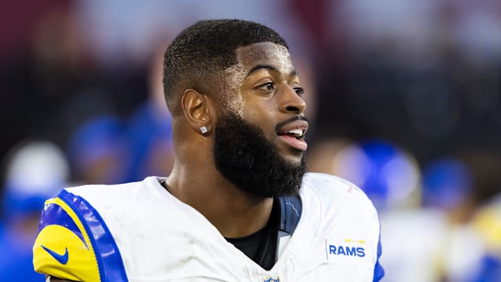 Dec 7, 2025; Glendale, Arizona, USA; Los Angeles Rams linebacker Jared Verse (8) against the Arizona Cardinals at State Farm Stadium. Mandatory Credit: Mark J. Rebilas-Imagn Images