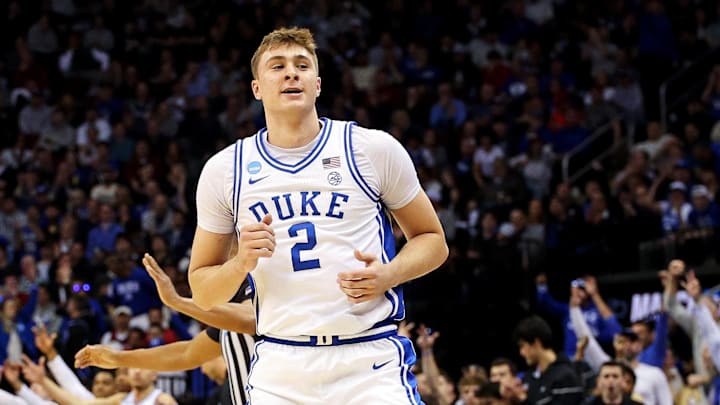 Mar 27, 2025; Newark, NJ, USA; Duke Blue Devils forward Cooper Flagg (2) shoots the ball during the first half against the Arizona Wildcats during an East Regional semifinal of the 2025 NCAA tournament at Prudential Center. Mandatory Credit: Vincent Carchietta-Imagn Images
