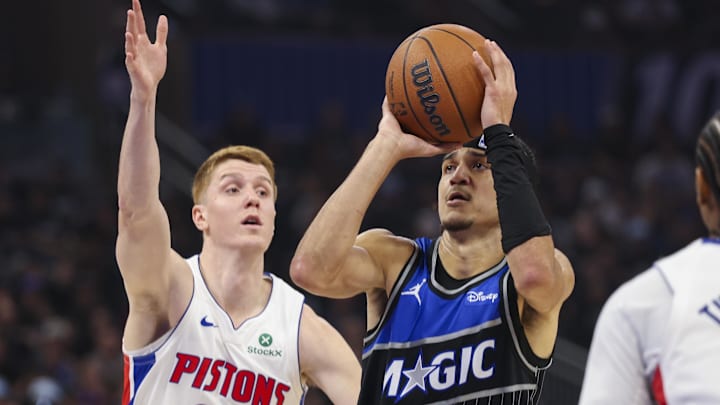 Apr 25, 2026; Orlando, Florida, USA; Orlando Magic guard Anthony Black (0) shoots the ball against the Detroit Pistons in the third quarter during game three of the first round of the 2026 NBA Playoffs at Kia Center. Mandatory Credit: Nathan Ray Seebeck-Imagn Images