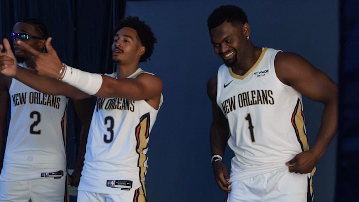 Sep 23, 2025; Metairie, LA, USA; New Orleans Pelicans forward Herbert Jones (2), guard Jordan Poole (3), and forward Zion Williamson (1) take part in media day at Ochsner Sports Performance Center. Mandatory Credit: Matthew Hinton-Imagn Images