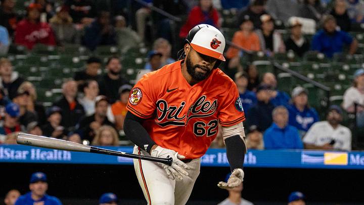 Sep 21, 2026; Baltimore, Maryland, USA;  Baltimore Orioles outfielder Rece Hinds (62) pops out to first during the fifth inning at Oriole Park at Camden Yards.  Mandatory Credit: Jamie LeBlanc-Imagn Images