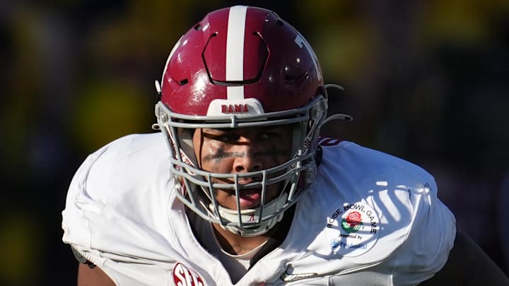 Jan 1, 2024; Pasadena, CA, USA; Alabama Crimson Tide offensive lineman Kadyn Proctor (74) looks on against the Michigan Wolverines during the first half in the 2024 Rose Bowl college football playoff semifinal game at Rose Bowl. Mandatory Credit: Kirby Lee-Imagn Images