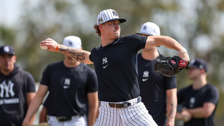 Feb 12, 2025; Tampa, FL, USA; New York Yankees pitcher Chase Hampton (86) participates in spring training workouts at George M. Steinbrenner Field. Mandatory Credit: Nathan Ray Seebeck-Imagn Images