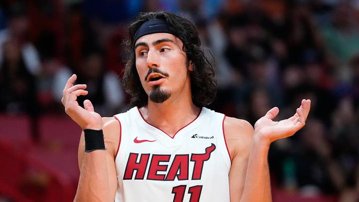 Miami Heat guard Jaime Jaquez Jr. (11) looks on against the Charlotte Hornets during the second quarter at Kaseya Center on October 10, 2023.