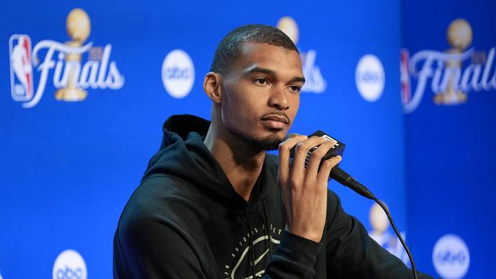 Jun 2, 2026; San Antonio, TX, USA;  San Antonio Spurs forward Victor Wembanyama (1) listens to a question during media day for the 2026 NBA Finals at Frost Bank Center. Mandatory Credit: Daniel Dunn-Imagn Images