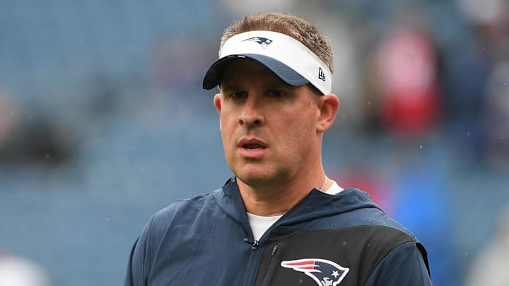 Sep 7, 2025; Foxborough, Massachusetts, USA; New England offensive coordinator Josh McDaniels before the game against the Las Vegas Raiders at Gillette Stadium. Mandatory Credit: Bob DeChiara-Imagn Images