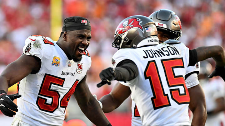 Tampa Bay Buccaneers outside linebacker Lavonte David (54) and wide receiver Tez Johnson (15) react during the third quarter against the San Francisco 49ers