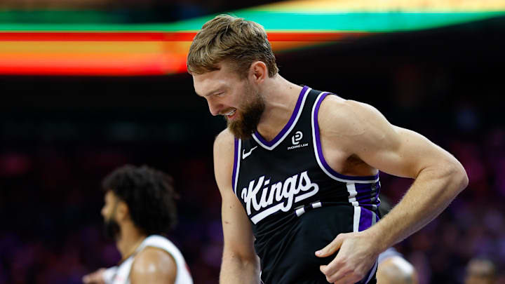 Nov 11, 2025; Sacramento, California, USA; Sacramento Kings center Domantas Sabonis (11) reacts after a play during the second quarter against the Denver Nuggets at Golden 1 Center.