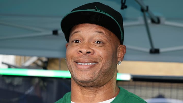 Oct 5, 2024; London, United Kingdom;  New York Jets former receiver Laveranues Coles at the Jets Touchdown Tailgate Ely's Yard. Mandatory Credit: Kirby Lee-Imagn Images