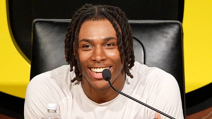 Oregon tight end Jamari Johnson speaks during a media availability on Aug. 5, 2025, in Eugene, Oregon. Oregon tight end Jamari Johnson speaks during a media availability on Aug. 5, 2025, in Eugene, Oregon.