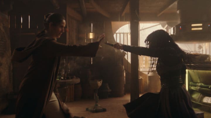 (L-R): Jedi Master Indara (Carrie-Anne Moss) and Mae (Amandla Stenberg) in Lucasfilm's THE ACOLYTE, exclusively on Disney+. ©2024 Lucasfilm Ltd. & TM. All Rights Reserved.