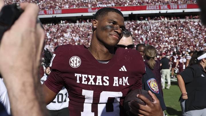 Nov 15, 2025; College Station, Texas, USA; Texas A&M Aggies quarterback Marcel Reed (10) walks on the field after the game against the South Carolina Gamecocks at Kyle Field. Mandatory Credit: Troy Taormina-Imagn Images