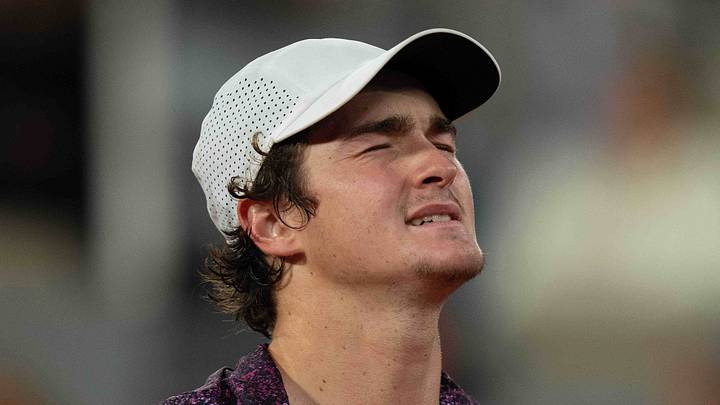 Joao Fonseca reacts during his match