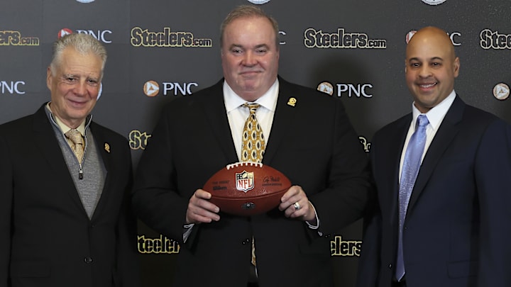 Jan 27, 2026; Pittsburgh, PA, USA;  Pittsburgh Steelers owner Art Rooney II (left) and general manager Omar Khan (right) flank Mike McCarthy (middle) at a press conference announcing McCarthy as the new Pittsburgh Steelers head coach at PNC Champions Club at Acrisure Stadium.. Mandatory Credit: Charles LeClaire-Imagn Images