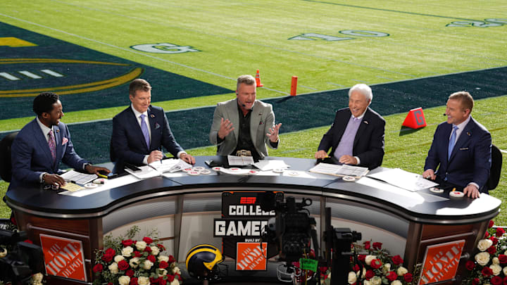 Jan 1, 2024; Pasadena, CA, USA; From left: Desmond Howard, Rece Davis, Pat McAfee, Lee Corso and Kirk Herbstreit on the ESPN College Gameday set at the 2024 Rose Bowl college football playoff semifinal game at Rose Bowl. Jan 1, 2024; Pasadena, CA, USA; From left: Desmond Howard, Rece Davis, Pat McAfee, Lee Corso and Kirk Herbstreit on the ESPN College Gameday set at the 2024 Rose Bowl college football playoff semifinal game at Rose Bowl.
