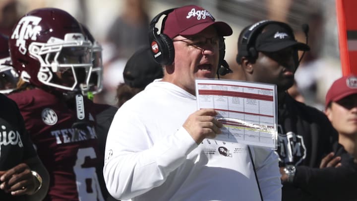 Texas A&M Aggies head coach Mike Elko reacts on the sideline during the second quarter against the South Carolina Gamecocks at Kyle Field.