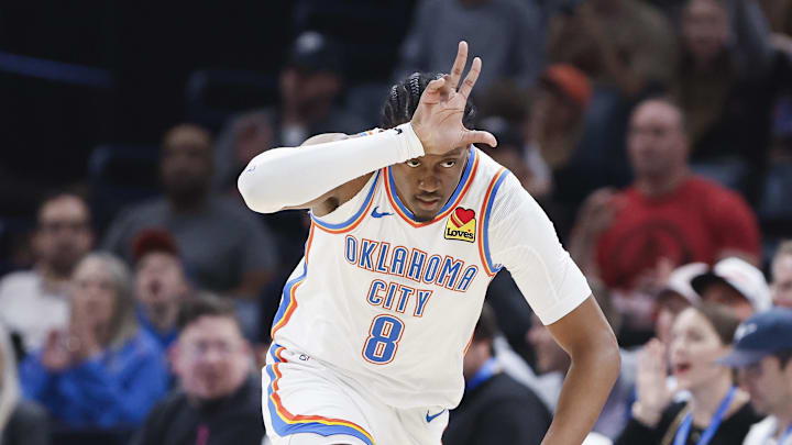 Oct 17, 2024; Oklahoma City, Oklahoma, USA; Oklahoma City Thunder forward Jalen Williams (8) gestures after scoring against the Atlanta Hawks during the first quarter at Paycom Center. Mandatory Credit: Alonzo Adams-Imagn Images