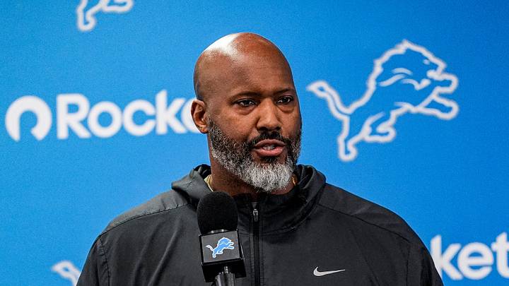 Detroit Lions general manager Brad Holmes speaks during media availability at team's Allen Park Performance Center 