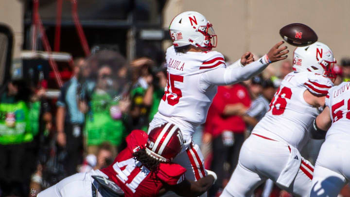 Indiana's Lanell Carr Jr. (41) pressures Nenbraska's Dylan Raiola (15) during the Indiana versus Nebraska football game at Memorial Stadium on Saturday, Oct. 19, 2024.