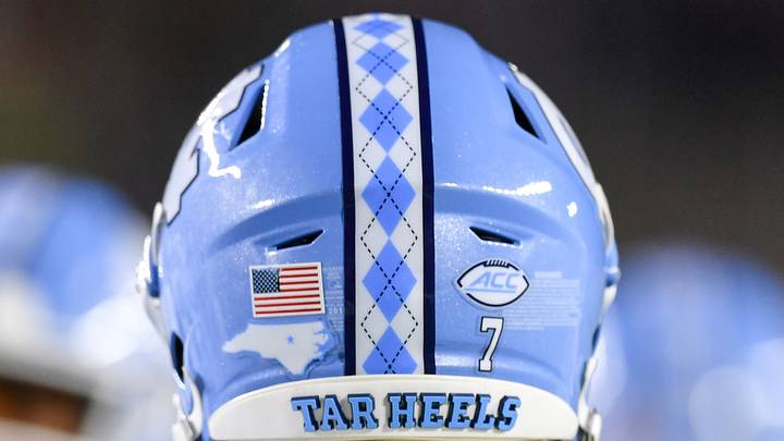 Oct 30, 2021; South Bend, Indiana, USA; A detail view of a North Carolina Tar Heels football helmet during warmups before the game against the Notre Dame Fighting Irish at Notre Dame Stadium. Mandatory Credit: Matt Cashore-USA TODAY Sports Oct 30, 2021; South Bend, Indiana, USA; A detail view of a North Carolina Tar Heels football helmet during warmups before the game against the Notre Dame Fighting Irish at Notre Dame Stadium. Mandatory Credit: Matt Cashore-USA TODAY Sports
