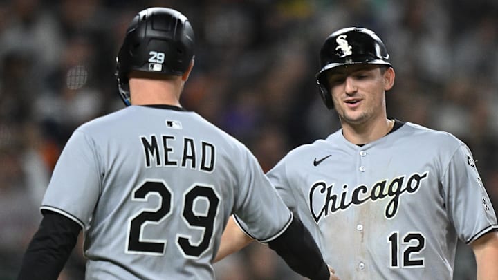 Chicago White Sox shortstop Colson Montgomery (12) celebrates with first baseman Curtis Mead (29) after hitting a two-run home run against the Detroit Tigers at Comerica Park. Chicago White Sox shortstop Colson Montgomery (12) celebrates with first baseman Curtis Mead (29) after hitting a two-run home run against the Detroit Tigers at Comerica Park.