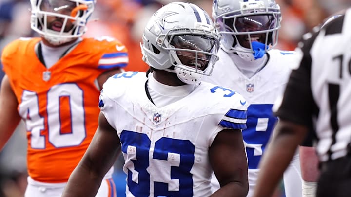 Dallas Cowboys running back Javonte Williams celebrates after scoring a touchdown against the Denver Broncos. Dallas Cowboys running back Javonte Williams celebrates after scoring a touchdown against the Denver Broncos.