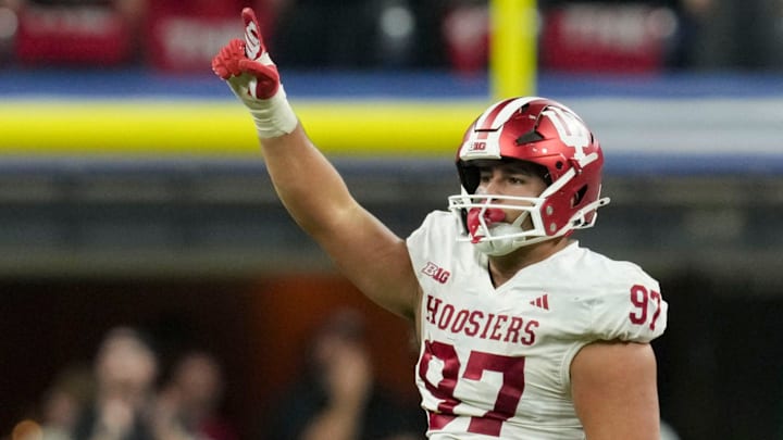 Indiana defensive lineman Mario Landino celebrates a sack Dec. 6, 2025, against Ohio State during the Big Ten championship game at Lucas Oil Stadium in Indianapolis.