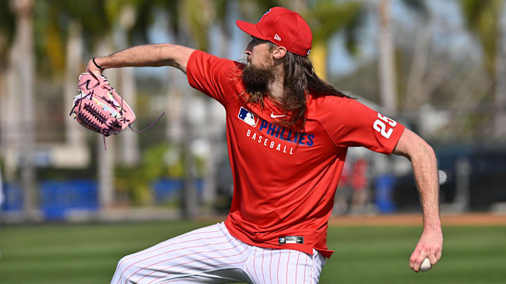 Feb 12, 2025; Clearwater, FL, USA;  Philadelphia Phillies pitcher Matt Strahm (25) warms up during a spring training workout at Carpenter Complex.