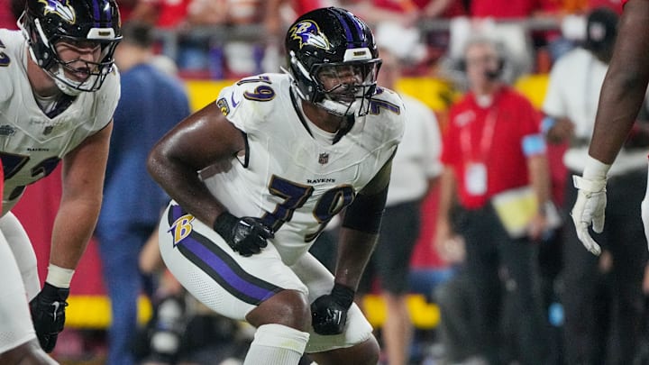 Sep 5, 2024; Kansas City, Missouri, USA; Baltimore Ravens offensive tackle Ronnie Stanley (79) at the line of scrimmage against the Kansas City Chiefs during the game at GEHA Field at Arrowhead Stadium. Mandatory Credit: Denny Medley-Imagn Images Sep 5, 2024; Kansas City, Missouri, USA; Baltimore Ravens offensive tackle Ronnie Stanley (79) at the line of scrimmage against the Kansas City Chiefs during the game at GEHA Field at Arrowhead Stadium. Mandatory Credit: Denny Medley-Imagn Images