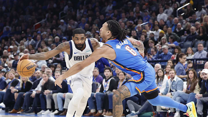 Jan 23, 2025; Oklahoma City, Oklahoma, USA; Dallas Mavericks guard Kyrie Irving (11) is defended by Oklahoma City Thunder forward Jaylin Williams (6) on a drive during the second quarter at Paycom Center. Mandatory Credit: Alonzo Adams-Imagn Images