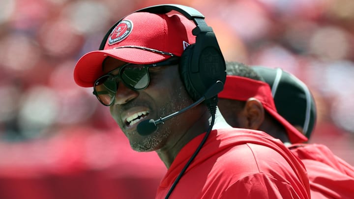 Sep 22, 2024; Tampa, Florida, USA; Tampa Bay Buccaneers head coach Todd Bowles looks on against the Denver Broncos during the first quarter at Raymond James Stadium. Mandatory Credit: Kim Klement Neitzel-Imagn Images Sep 22, 2024; Tampa, Florida, USA; Tampa Bay Buccaneers head coach Todd Bowles looks on against the Denver Broncos during the first quarter at Raymond James Stadium. Mandatory Credit: Kim Klement Neitzel-Imagn Images