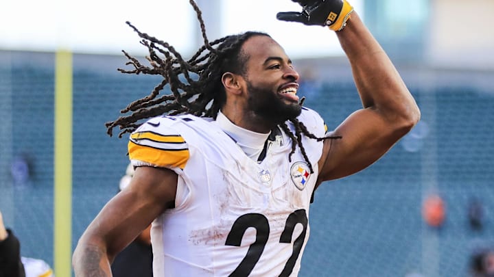 Dec 1, 2024; Cincinnati, Ohio, USA; Pittsburgh Steelers running back Najee Harris (22) reacts after the victory over the Cincinnati Bengals at Paycor Stadium. Mandatory Credit: Katie Stratman-Imagn Images