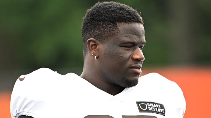 Aug 5, 2024; Cleveland Browns guard Germain Ifedi (65) during practice at the Browns training facility in Berea, Ohio. Mandatory Credit: Bob Donnan-Imagn Images