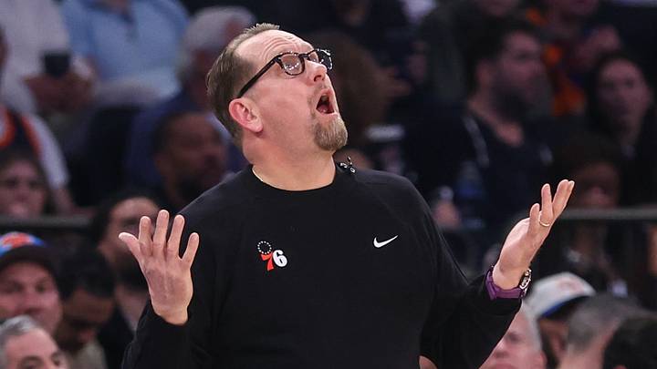 Philadelphia 76ers head coach Nick Nurse reacts to a call against the New York Knicks during game five of the second round of the 2026 NBA Playoffs at Madison Square Garden. Philadelphia 76ers head coach Nick Nurse reacts to a call against the New York Knicks during game five of the second round of the 2026 NBA Playoffs at Madison Square Garden.