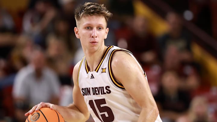Jan 3, 2026; Tempe, Arizona, USA; Arizona State Sun Devils guard Noah Meeusen (15) against the Colorado Buffaloes at Desert Financial Arena. Mandatory Credit: Mark J. Rebilas-Imagn Images