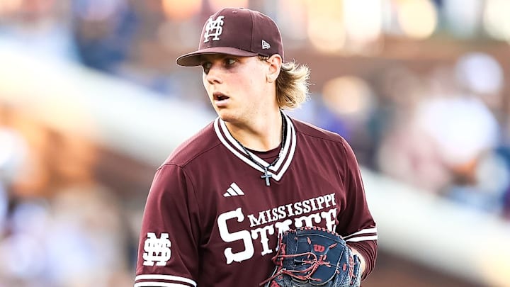 Mississippi State pitcher Tomas Valincius winds up for a pitch against No. 5 Georgia at Dudy Noble Field.
